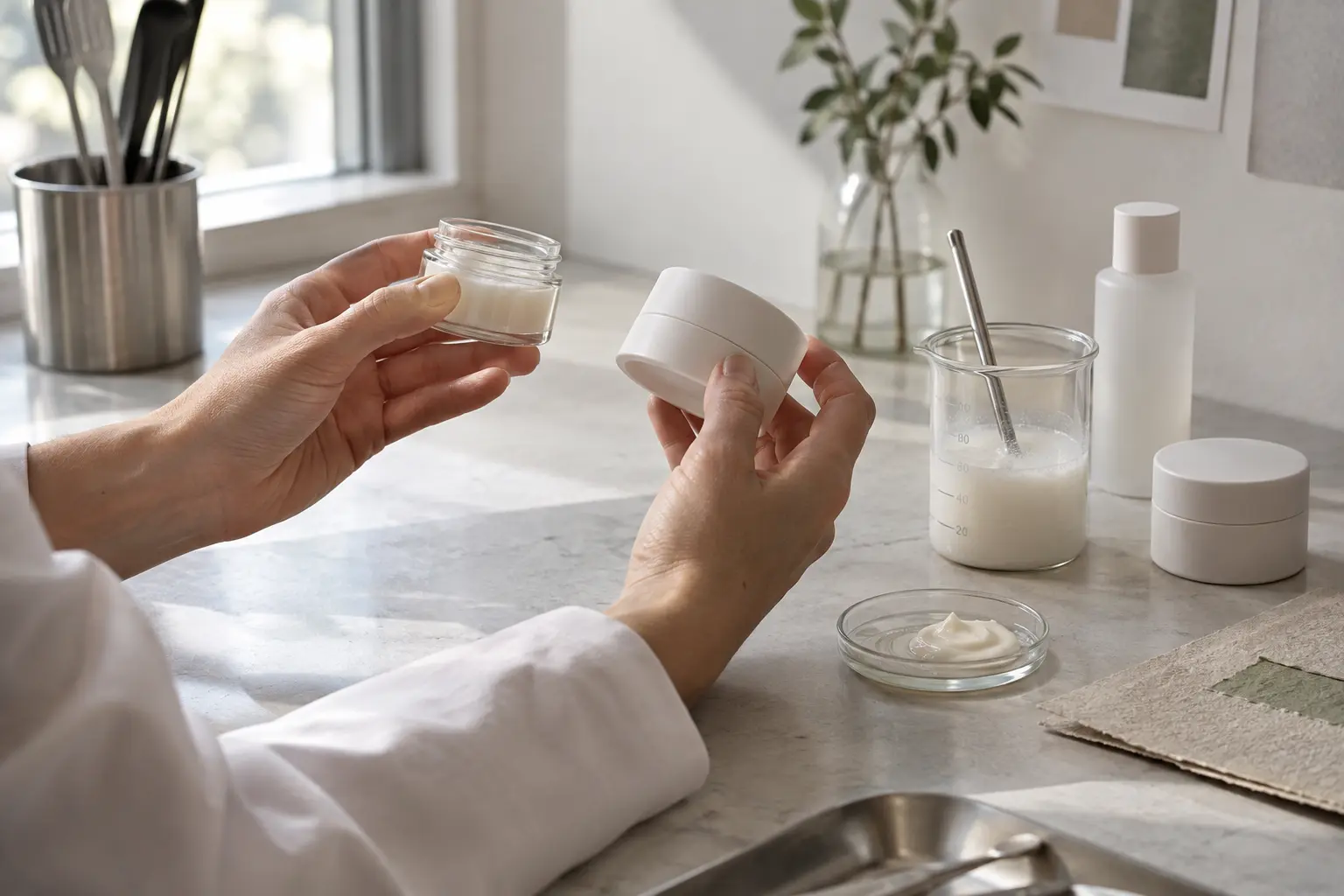 Hands comparing a cosmetic sample and packaging prototype at a formulation workspace