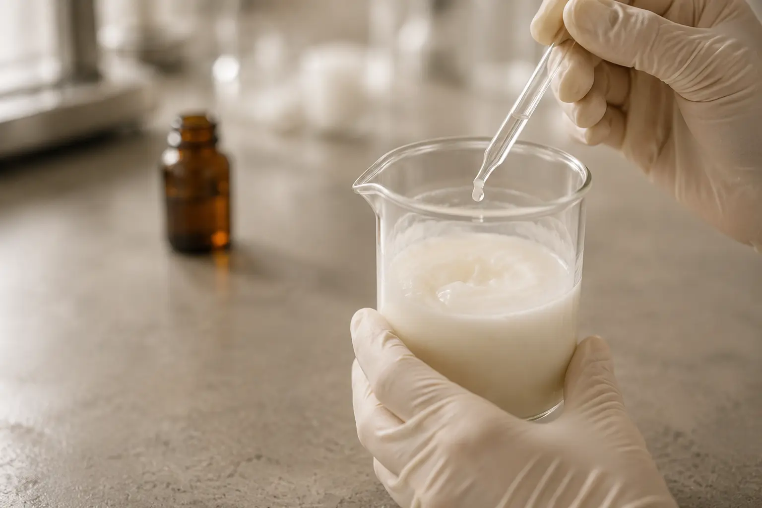 Cream formulation being tested in a glass beaker