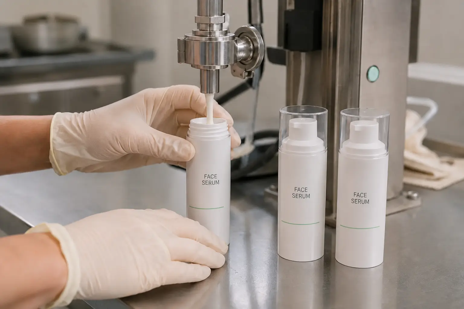 Three airless bottles at a small-batch filling station